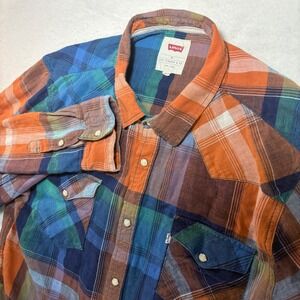 Levis Mens XL Western Plaid Flannel Shirt Multi Color Pearl Snap Long Sleeve
